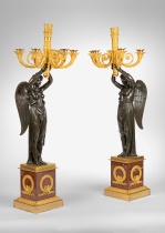 A Pair of Empire Ormolu, Patinated Bronze Five Light Candelabra Attributed to Thomire. Circa 1810