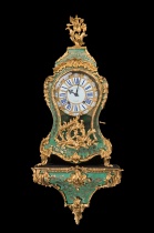 A Louis XV Ormolu-Mounted Brass and Green Horn Marquetry Striking Bracket Clock by Denis Gault